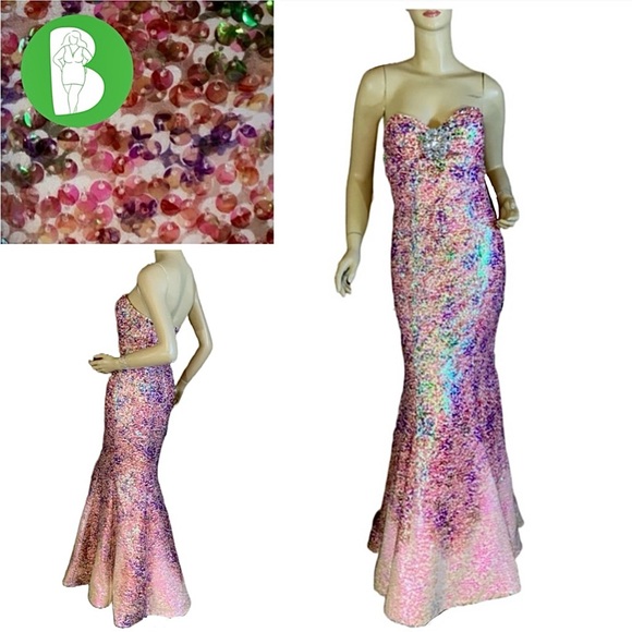 JOVANI STYLE 3784 PINK W/MULTI-COLOR SEQUINS STRAPLESS MERMAID STYLE DRESS (4)